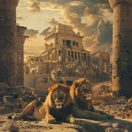 Nostalgic scene of lions resting in the ruins of an ancient civilization
