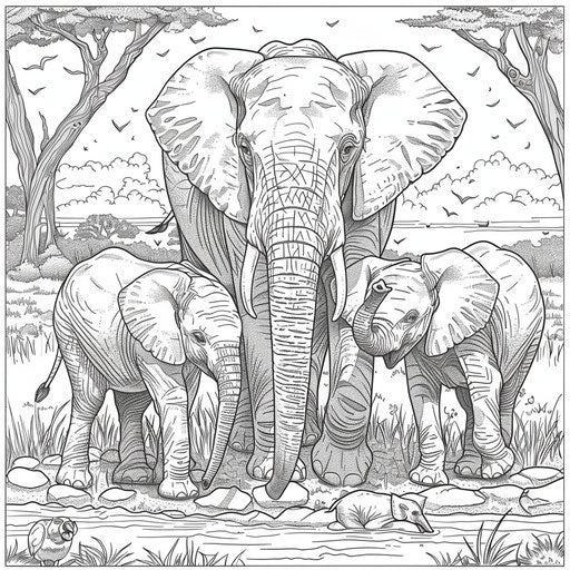 Elephant family in a savannah in coloring book style