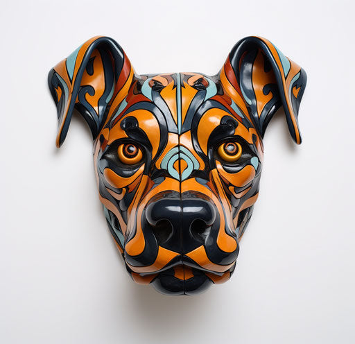 Dog head, darkly comedic with vibrant colorism, exaggerated features