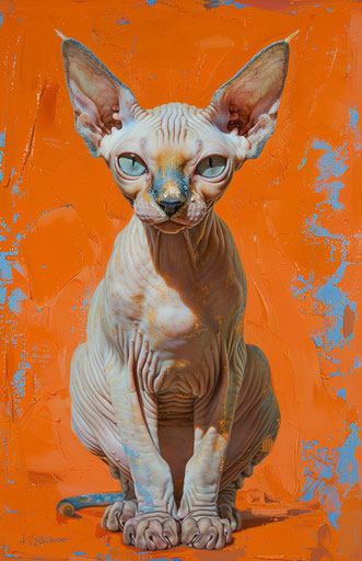Hairless cat against an orange background, light beige and dark azure style