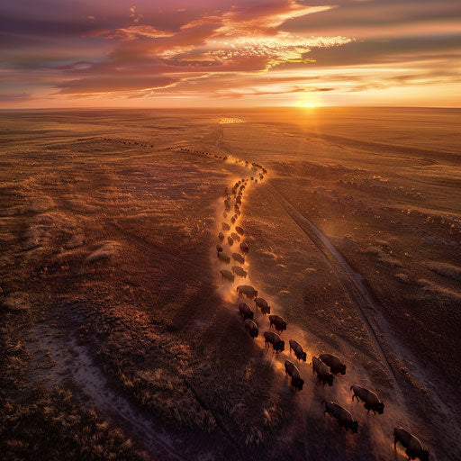 Migration of bison herd across vast plains at sunrise