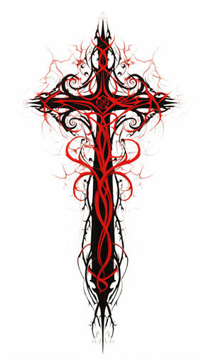 Black and red tribal cross tattoo design, Todd McFarlane style