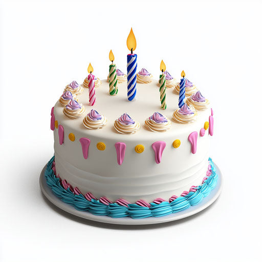 3D birthday cake on flat white background