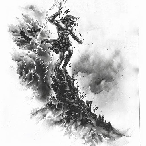 Zeus and the gods of Olympus in a tattooed landscape