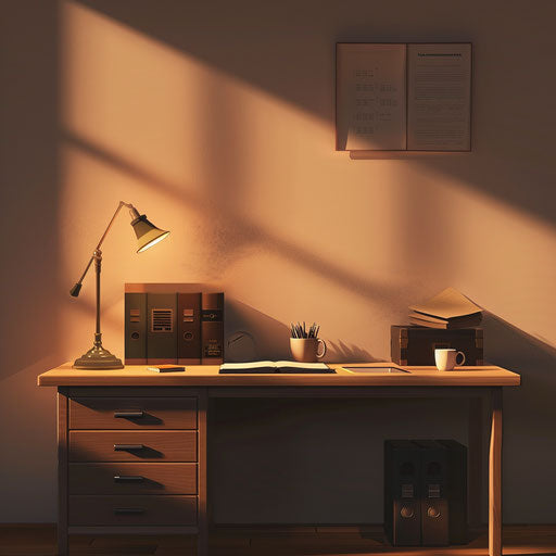 Desk illustration with a random flat and glowing background