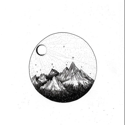 Minimalist tattoo of mountain landscape under starry sky