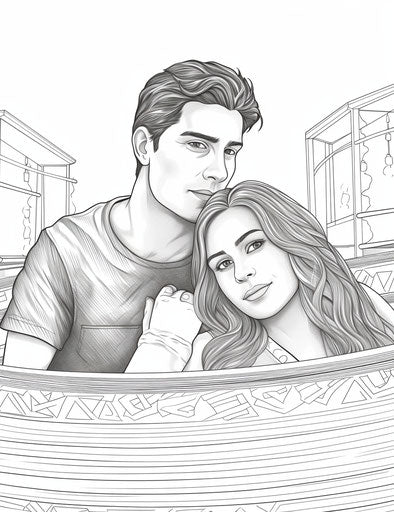 Young couple in the pool, coloring page, oversized objects, captivating
