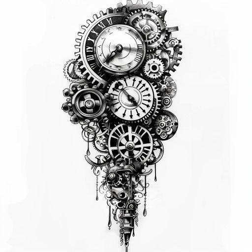 Steampunk Gear and Clockwork Tattoo Design in Black