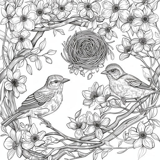 Peaceful scene of birds building a nest in a blossoming tree