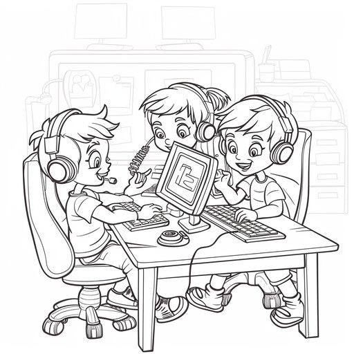 Children playing educational games on computers. Coloring page