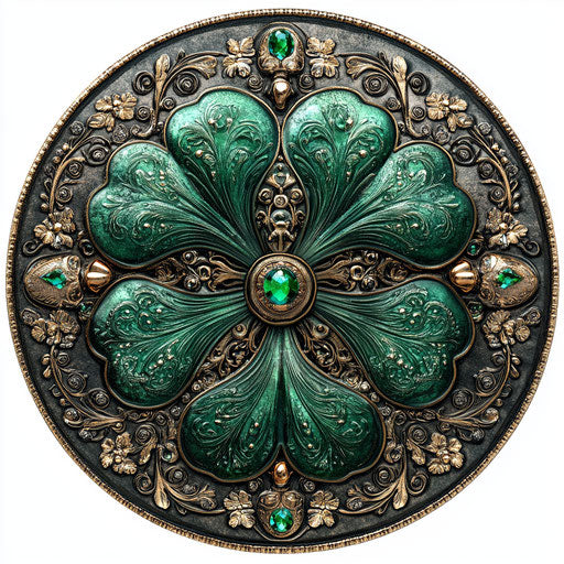 Emerald clover with ornate jewels, leprechaun's hat