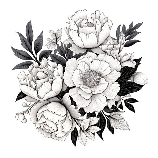 Black and white peony doodle, elegant and symmetrical style
