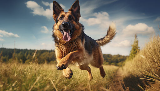 German Shepherd running in a field, petcore style, thx sound, navy and amber, charismatic, elite, ferrania p30 37:21
