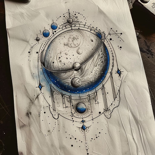 Half moon surrounded by ring of small planets, mystical blue