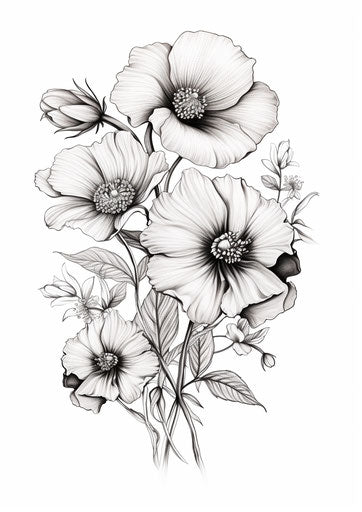 Black and white flower design, pseudo-realistic style, engraved