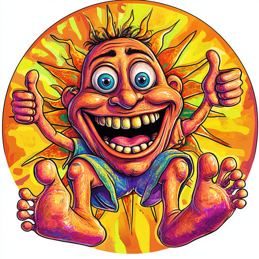 Humorous caricature of a mental health illustration with human characteristics, exaggerated full lips, toes feet, smiling sun, vibrant colors, cartoon style, thumbs up, high-resolution, no background, isolated