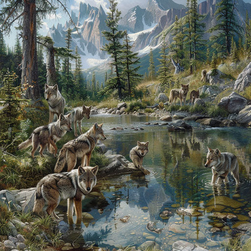 Wolf family near a crystal-clear stream