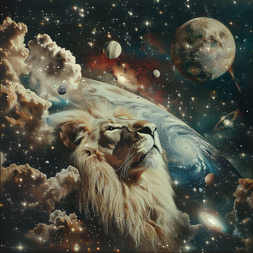Lions floating in space among stars and planets