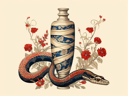 Snake on isolated vase, in tattoo-inspired style, collaged symbolism, light beige and red, wandering eye