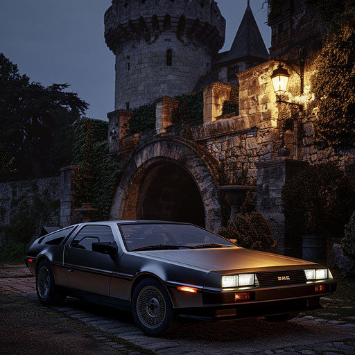 Gothic-inspired DeLorean DMC-12 by a medieval castle at night