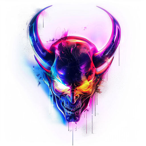 Neon devil tattoo concept, bright on white background