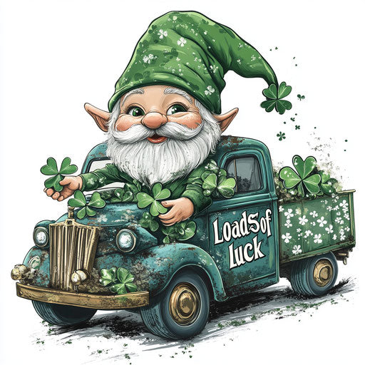 St. Patrick's Day, a cute gnome with shamrocks on an old truck