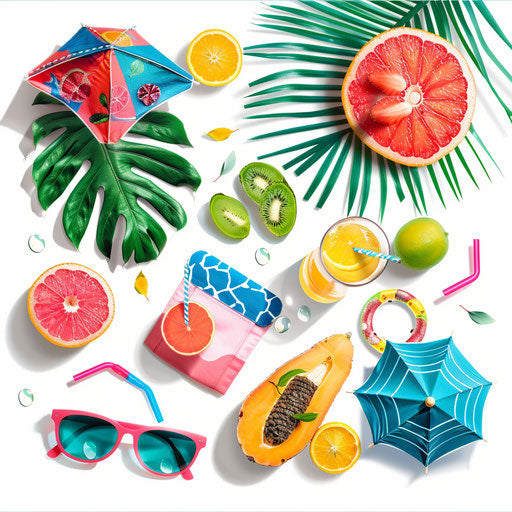 Realistic summer illustration on flat white background, vibrant colors and smooth finishes