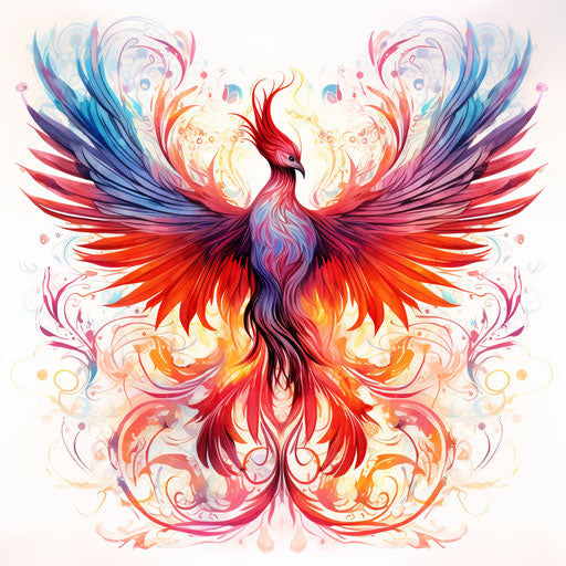 Colorful Phoenix on Abstract Watercolor Background, Dark Orange and Light Magenta Style