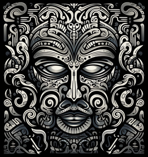 Abstract tribal ornament with flowing lines and facial details