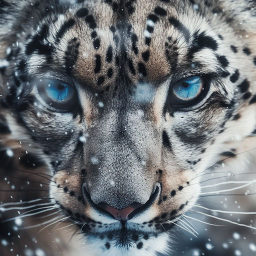 Intense close-up of a snow leopard in a snowstorm