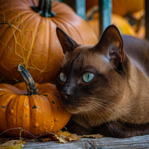 Brown cat resting with pumpkins