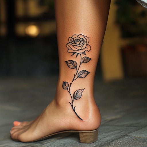 Ankle tattoos for women featuring a classic rose with leaves