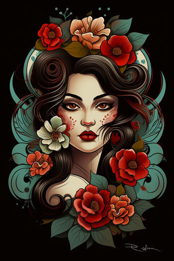 Woman with flowers in hair, celtic tattoo style, poster