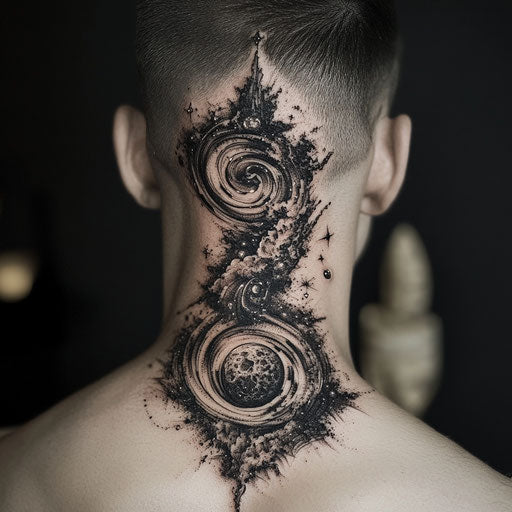 Men's back neck tattoo in the style of J.P. Targete with a cosmic swirl and planetary elements