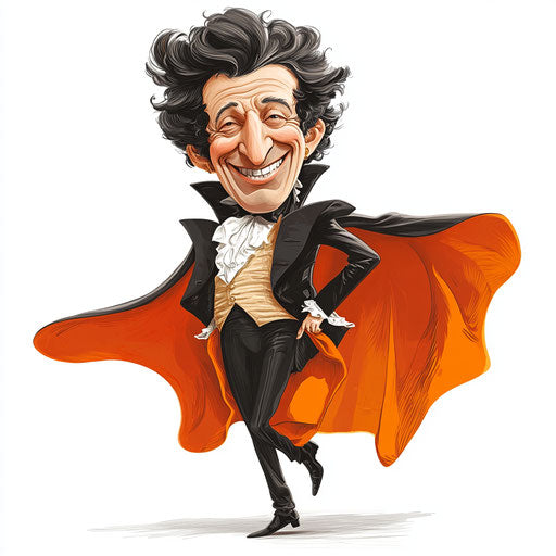 Humorous caricature of a Hector Berlioz caricature with human characteristics, exaggerated wide mouth, long legs, with a cape, vibrant colors, cartoon style, smiling, high-resolution, no background, isolated