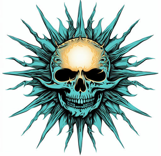 The sun with skull eye arrow and sun icon, light teal style, contoured shading, auto body works, ghoulpunk, detailed designs, expressive character designs, arthur rackham 38:37