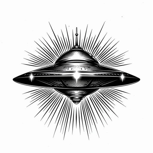 Black and grey UFO tattoo on pure white background