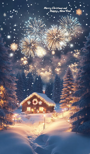Christmas scene with snowy setting and colorful fireworks
