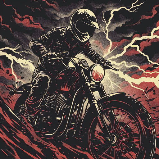 Dramatic flat tattoo of a biker in thunderstorm