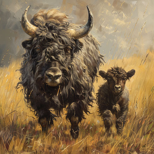 Yak mother and calf walking in a meadow of tall grasses
