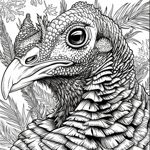 Close-up of turkey face and feathers. Coloring book page
