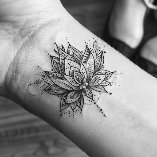 Ethnic style small lotus mandala tattoo design with intricate patterns on white