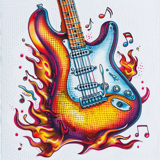 Electric guitar with musical notes and flames, colorful tattoo on white paper