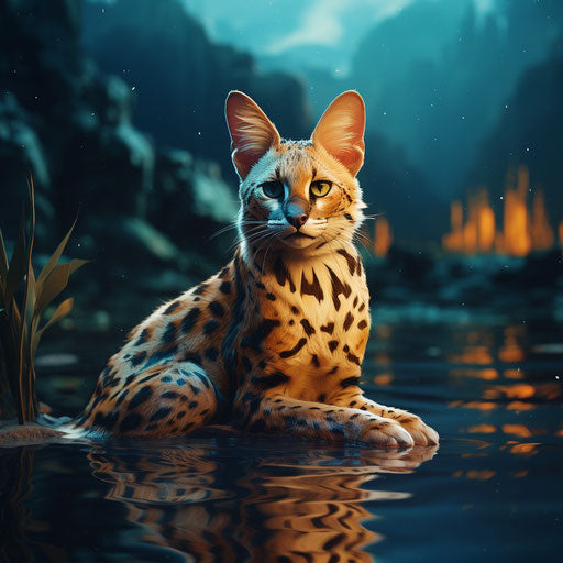 A serval swimming in a lake by the shore