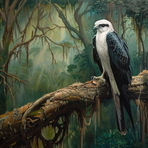 Swallow-tailed kite on gnarled oak branch in lush forest