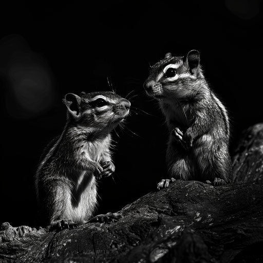 Chipmunks in black and white, intense and dramatic, in the style of Laurent Baheux