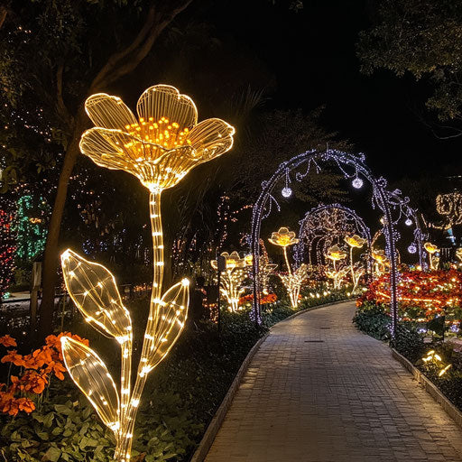 Botanical garden night tour: light sculptures of flowers