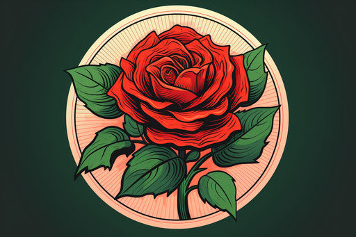 Red rose in circle shape with green leaves, Japanese traditional illustration