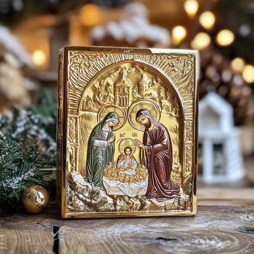 Hand-painted Nativity icon with gold leaf for Christmas liturgy