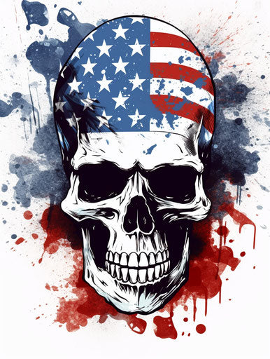 Skull with American flag tattoo design on white background, poignant splatter 3:4